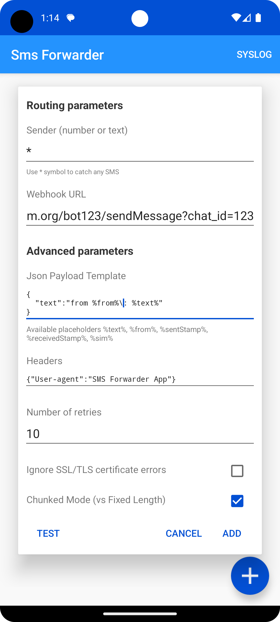 Incoming SMS Webhook Gateway screenshot Telegram example