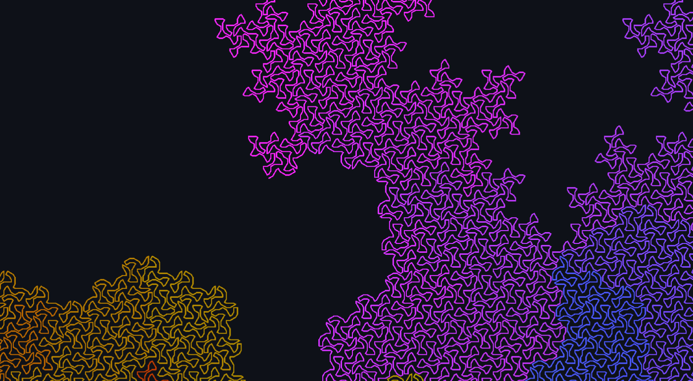 A single strand traced through a hexagon tiling, coloured by distance along it