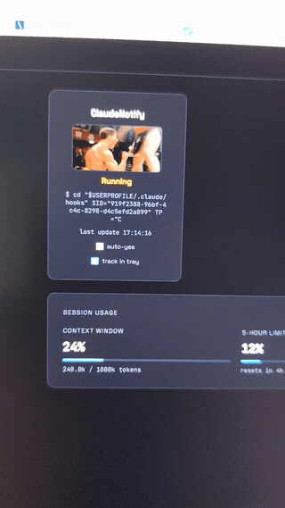Demo: the live dashboard switching from Running to Waiting-for-you, with the JCVD status indicator