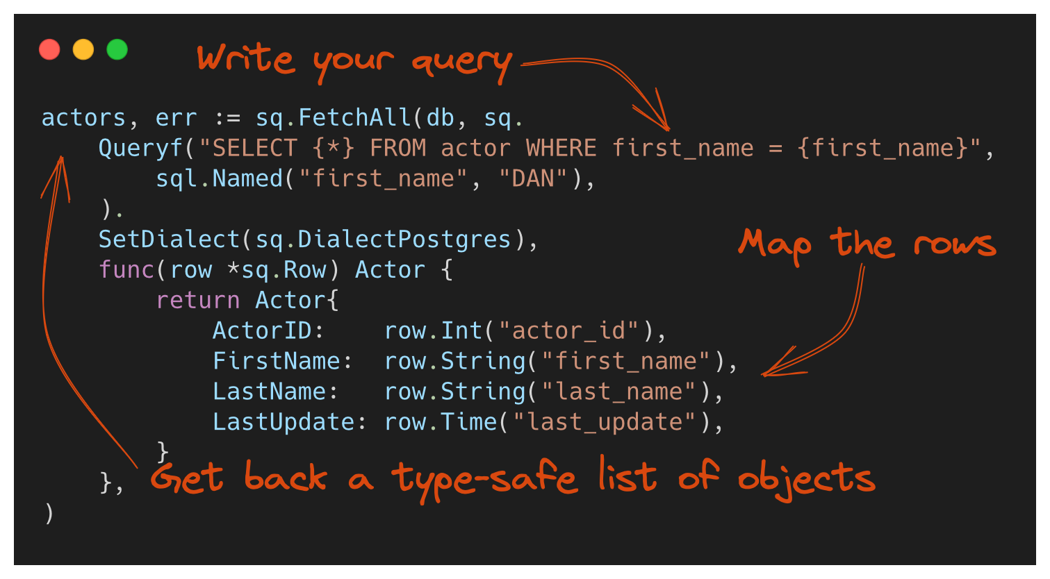code example of a select query using sq, to give viewers a quick idea of what the library is about