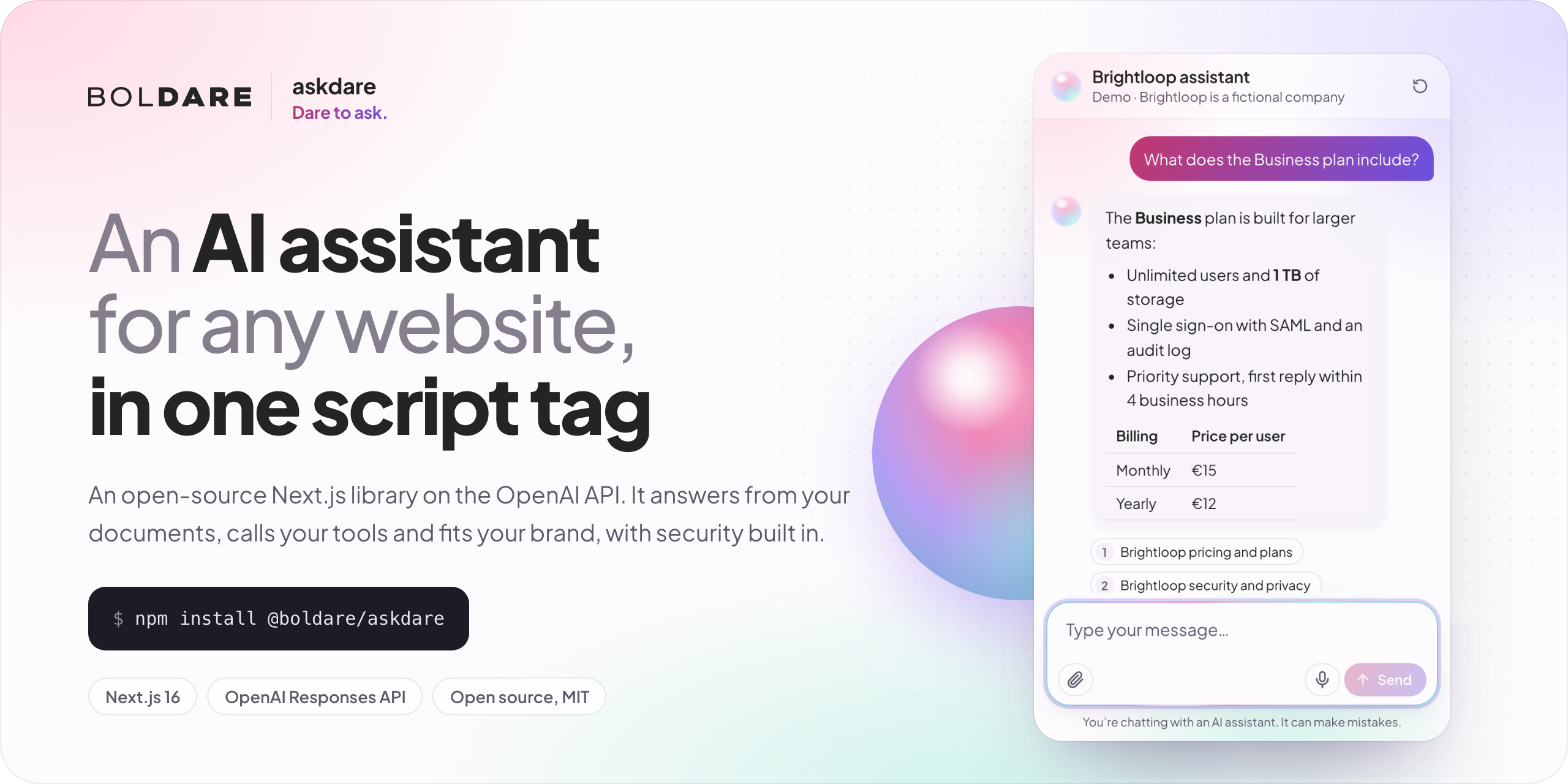 askdare: an AI assistant for any website, in one script tag. A chat panel answers a question about a pricing plan with a list, a table and two cited sources.