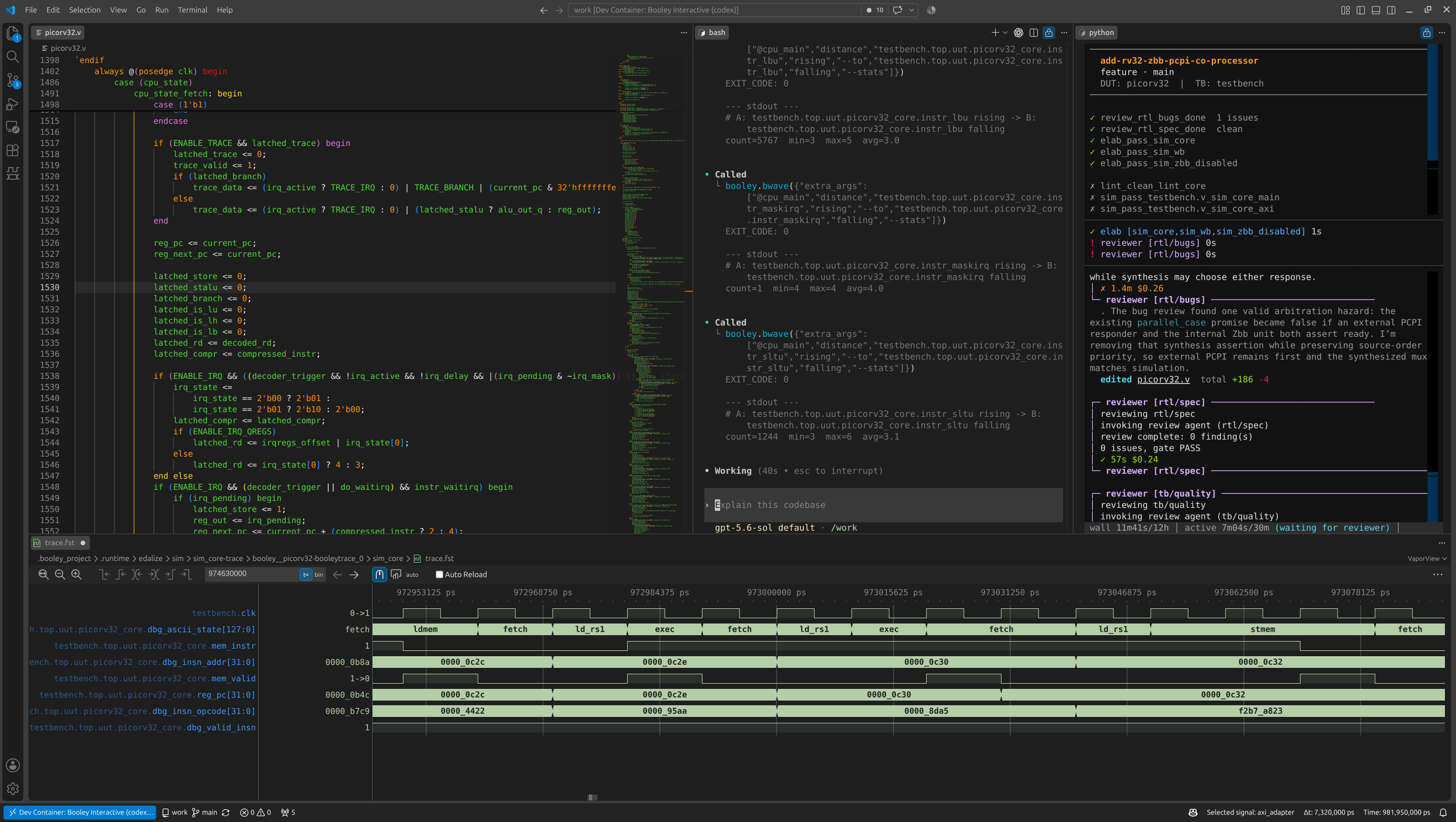 Booley in VS Code with RTL, an interactive agent session, ticket progress, and waveform inspection