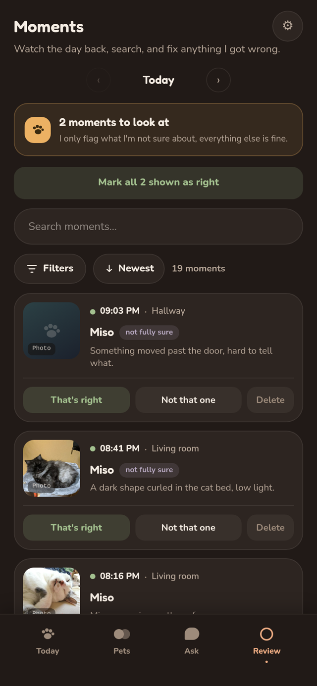 Moments: the browsable timeline with moments flagged for review on top