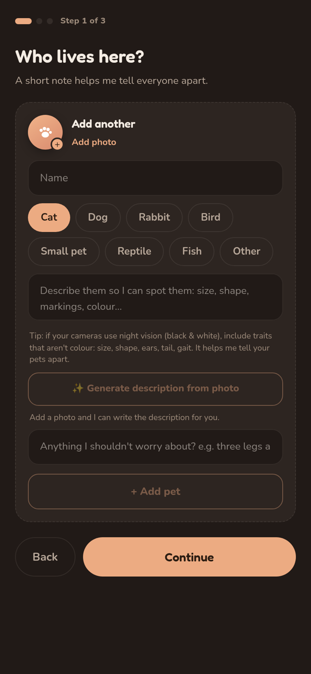 Setup: describe each pet, or attach a photo and have the description written for you