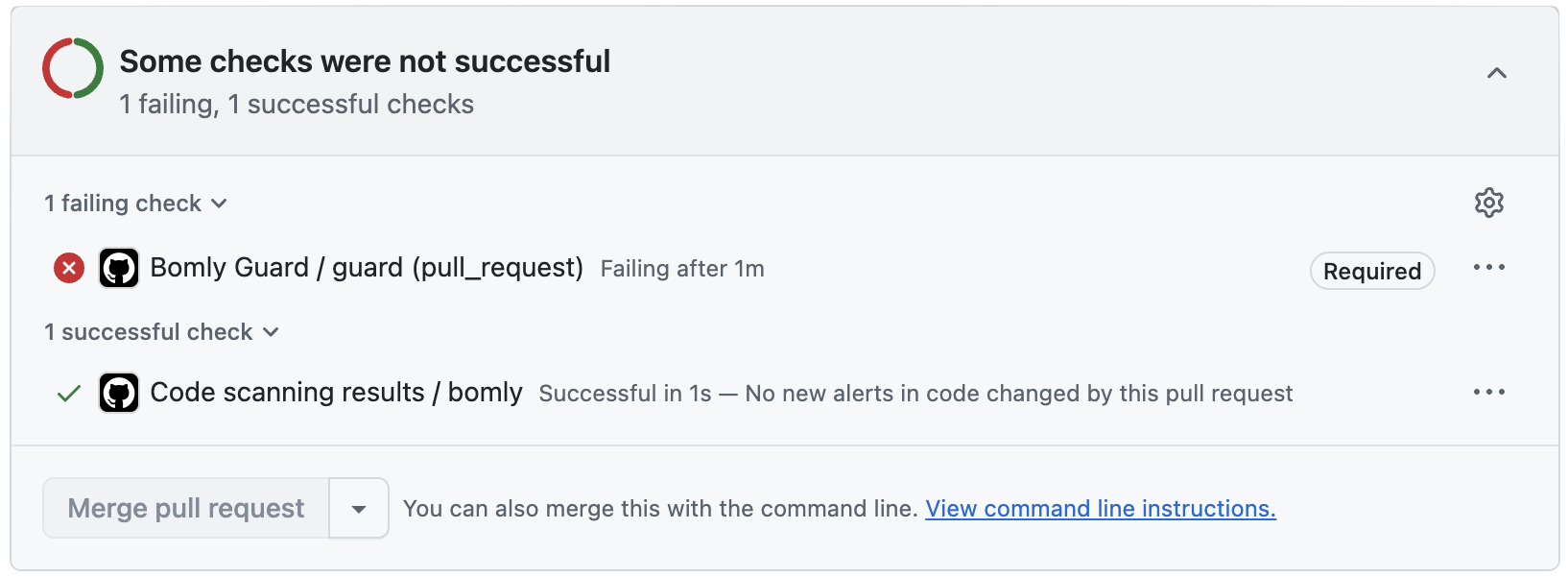 GitHub pull request checks showing Bomly Guard failing a required dependency check