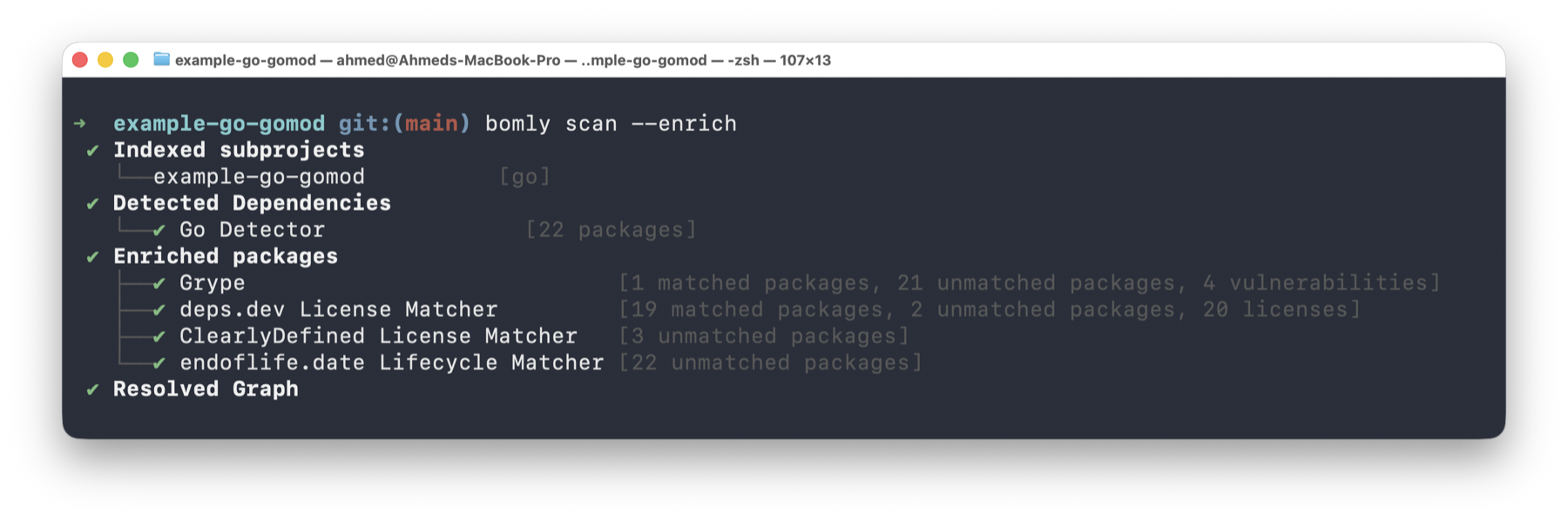 Bomly scan progress showing indexed subprojects, detected dependencies, enriched packages, and resolved graph