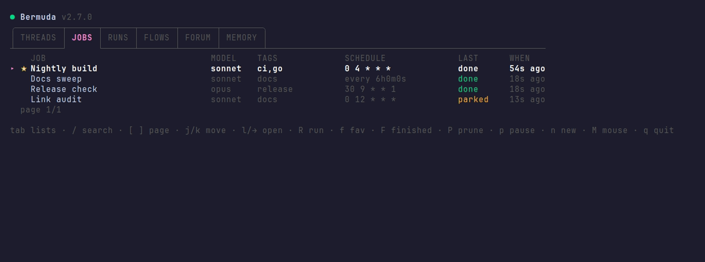 The Bermuda board: jobs on a clock, flows mid-run, and every step a live terminal