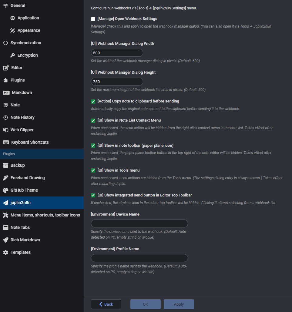 Screenshot: Joplin Plugin Options
