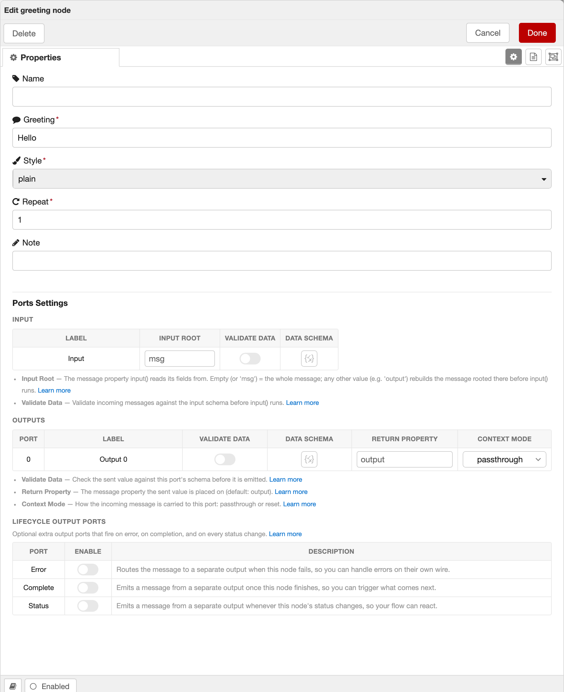 The greeting node's editor form, generated by nrg from the schema