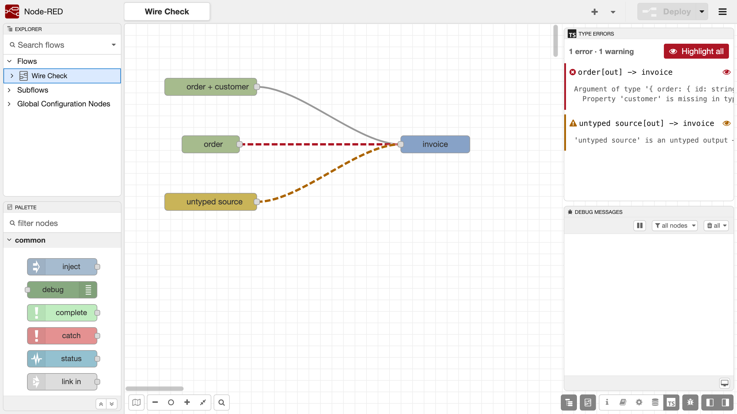 A Node-RED flow with a red-dashed failing connection and a yellow-dashed unchecked one, beside the Type errors sidebar tab listing both with their TypeScript messages
