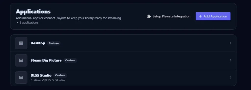 Apollo / Sunshine Applications Integration showing DLSS Studio registered