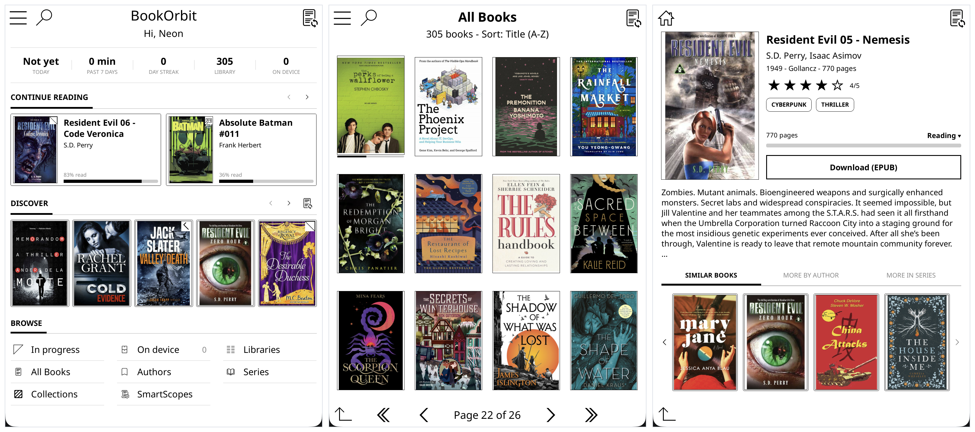 BookOrbit의 모바일형 화면에서 계속 읽는 책, 전체 도서 목록, 책 상세 정보와 다운로드 버튼을 보여주는 인터페이스입니다.