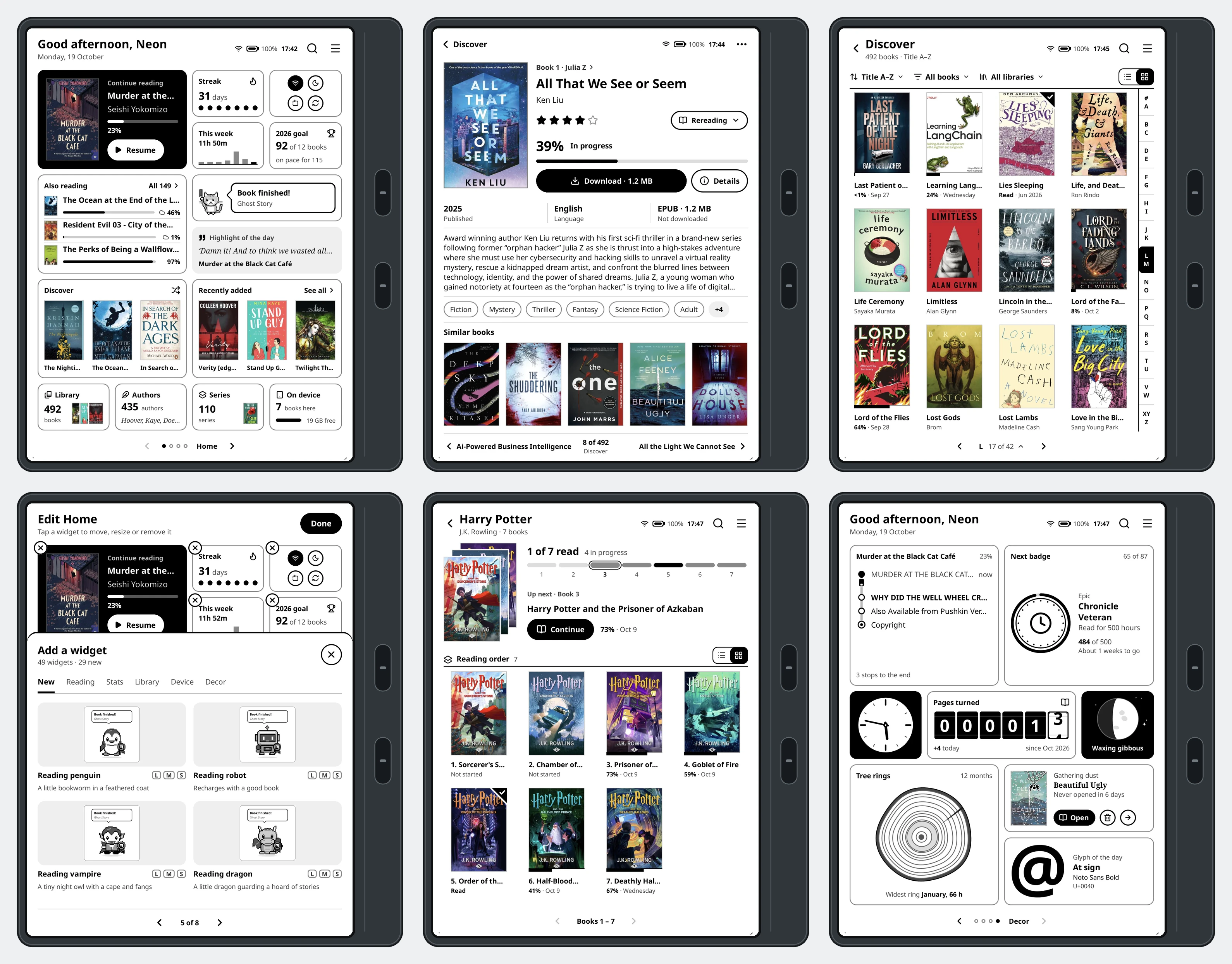 BookOrbit KOReader Plugin on unbranded e-readers showing Home, book details, catalog browsing, dashboard customization, series, and navigation