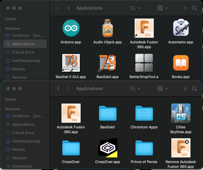 A screenshot that shows home appplications folder side-by-side with the root applications folder