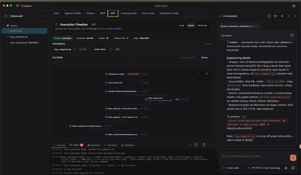 Codeon AET — Agent Execution Timeline showing a successful run graph with checkpoint, per-file diffs, and tool-call nodes