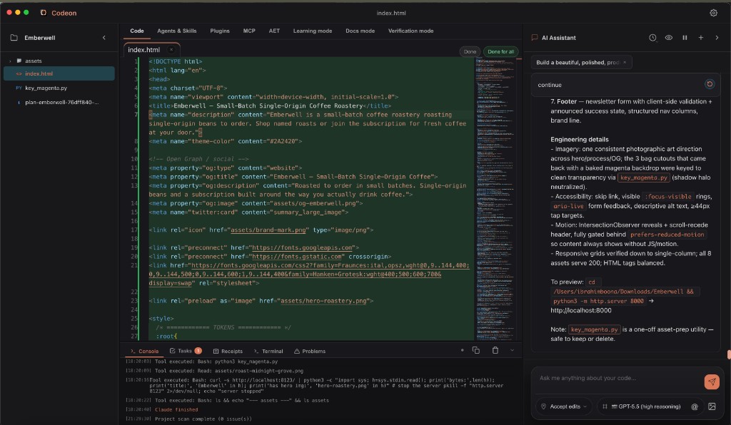 Codeon editor — Monaco editor, file tree, integrated terminal, and the AI assistant building a site with the anti-slop design engine