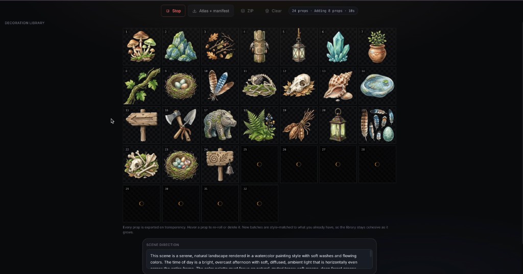 Props Studio — an open-ended decoration library of transparent scatter sprites grown 8 at a time
