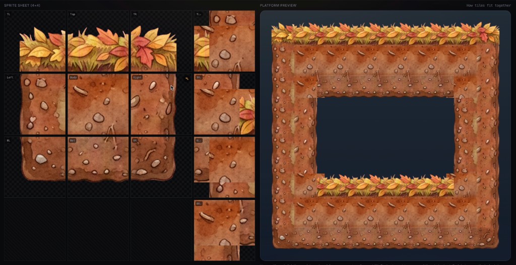Tile Studio — a 13-tile autotile set generated in one call, with a live "how tiles fit together" platform preview