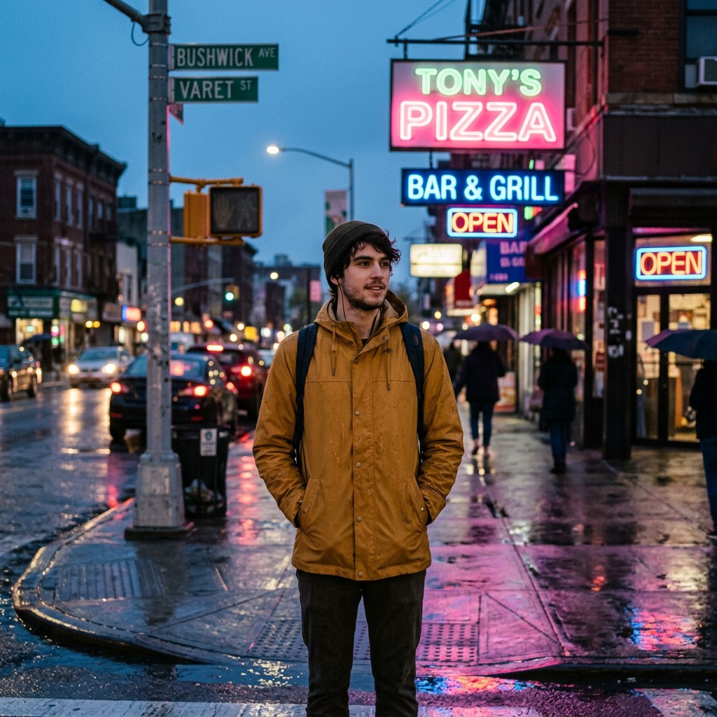 Square portrait shot of a person in a yellow jacket on a neon-lit Brooklyn corner