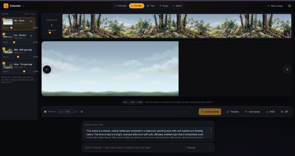 Parallax Studio — Sky / Far / Mid / Near depth layers with a live multi-layer scrolling preview and ZIP export