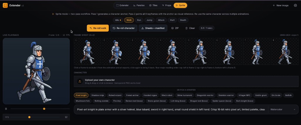 Sprite Studio — a character walk-cycle keyframe sheet with a live looping animation player