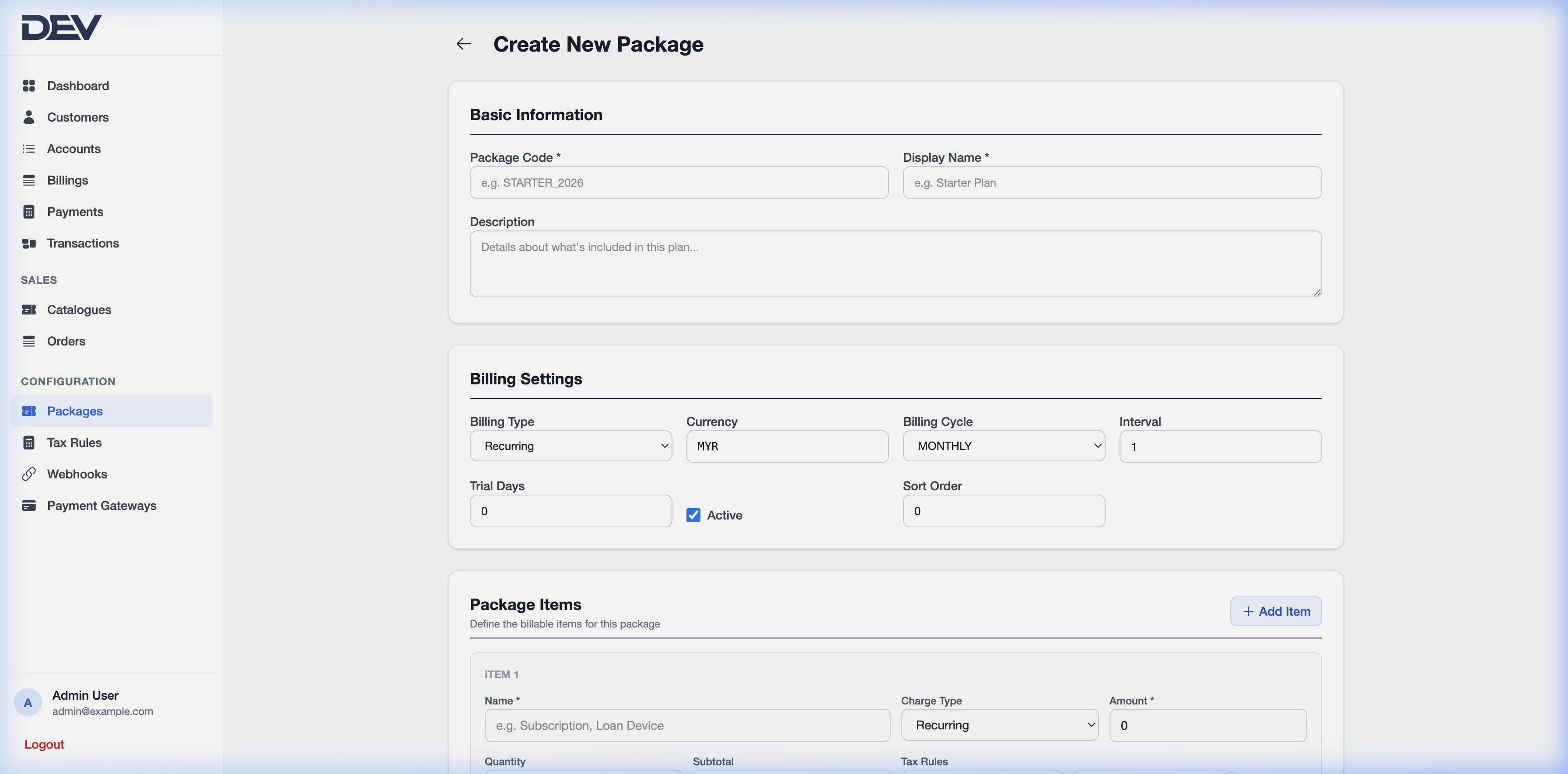 Package Creation Form