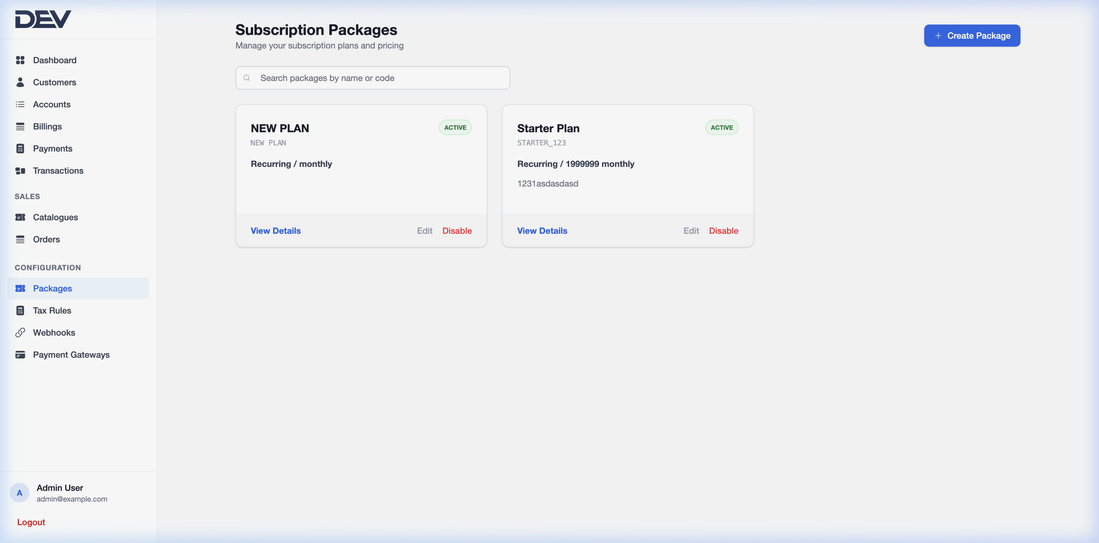 Subscription Packages Configuration