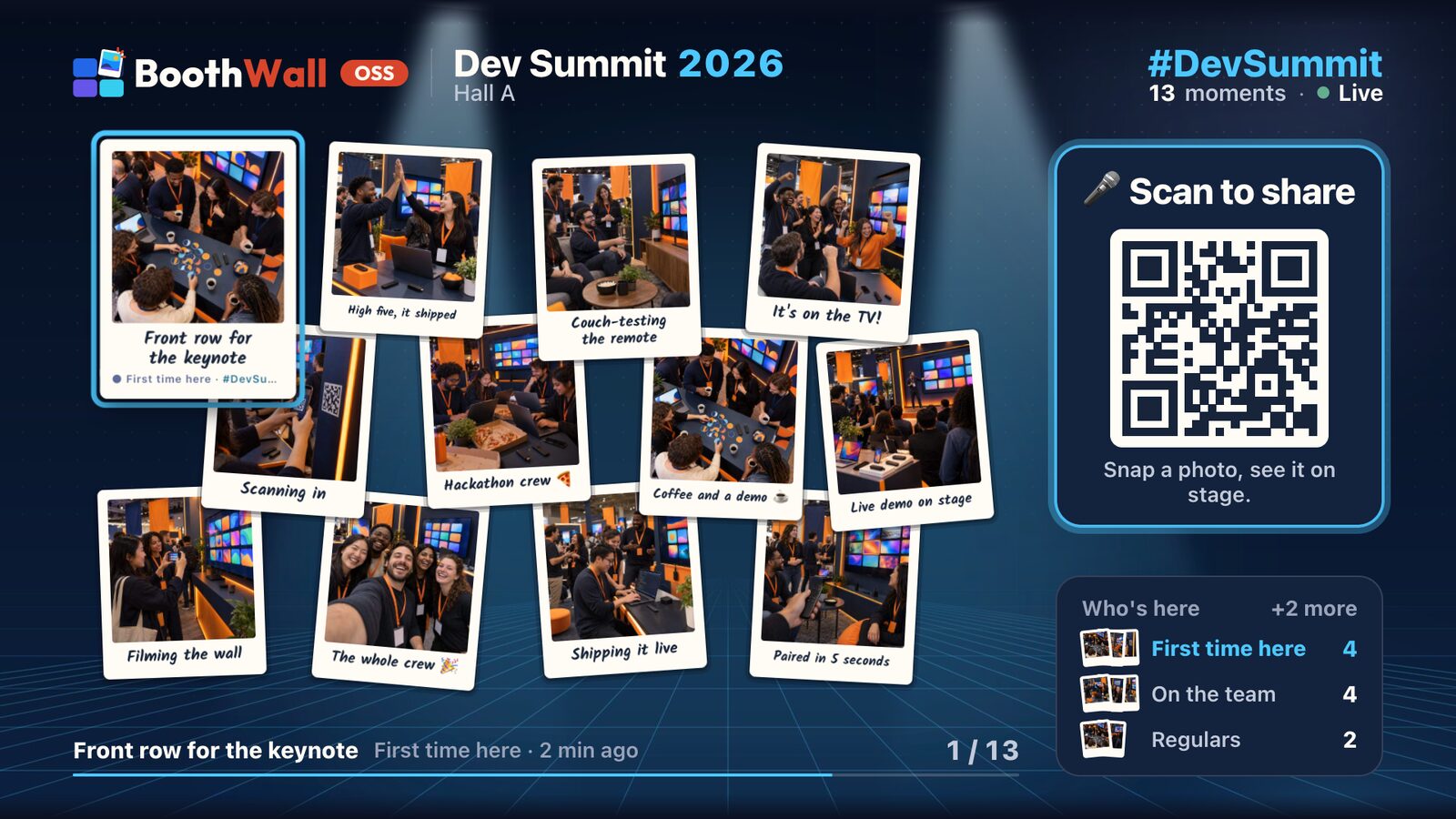 BoothWall OSS demo: event photos on a live wall, a scan-to-share QR code and a guest activity panel.