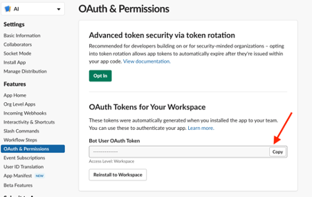 Copy slack bot token