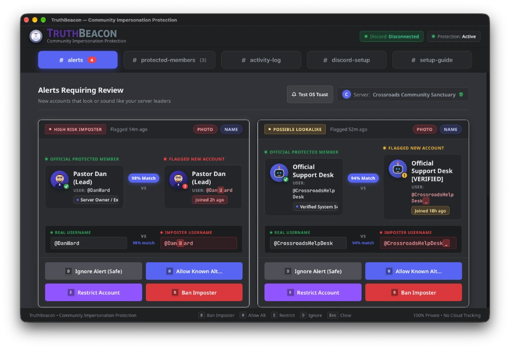 TruthBeacon Desktop Application: Alerts Triage, Protected Community Leaders, Activity Log, Discord Connection Setup, and Setup Guide