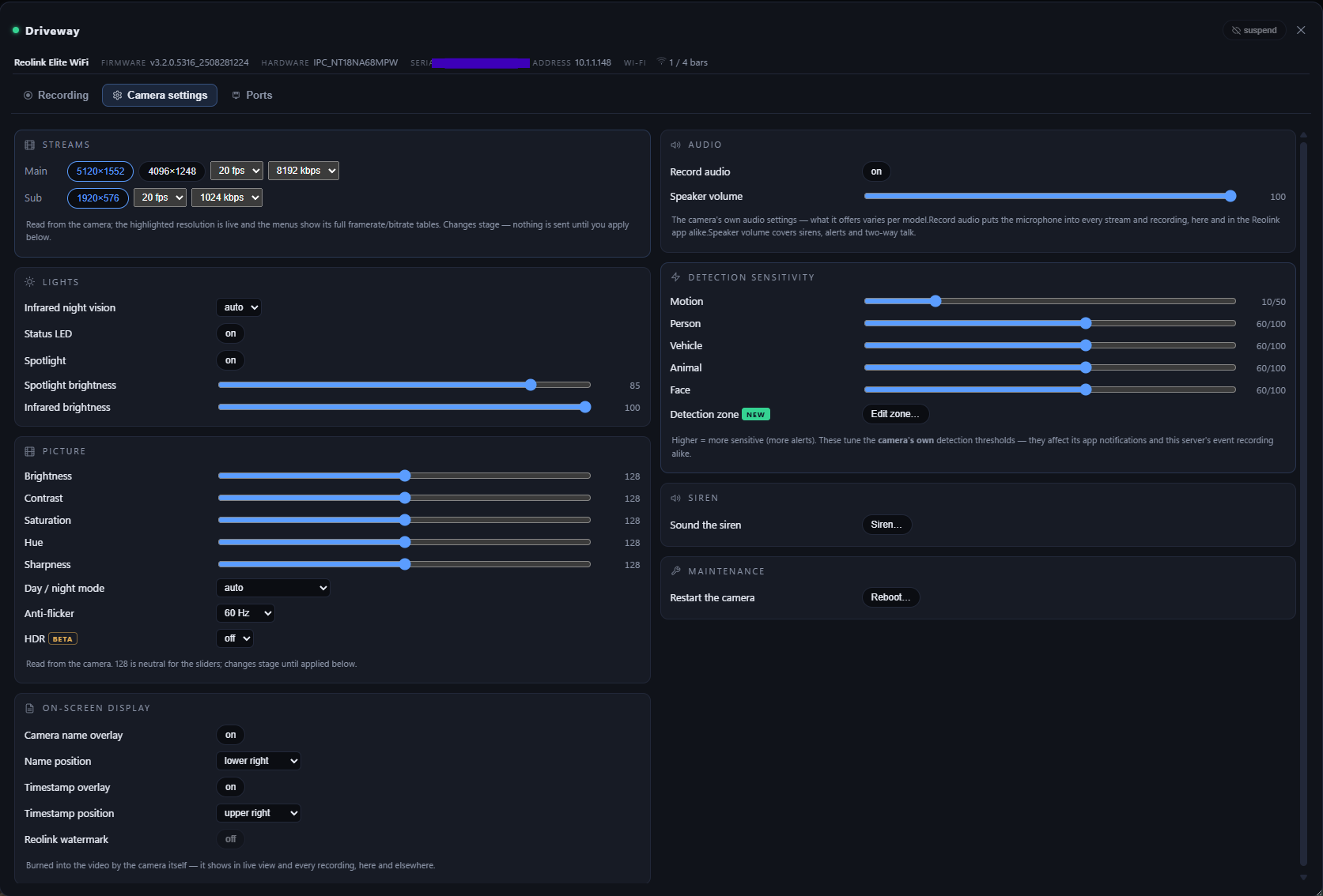 Camera settings: stream encode tables, lights, picture, detection sensitivity and zone, siren — staged changes, applied only when you say so