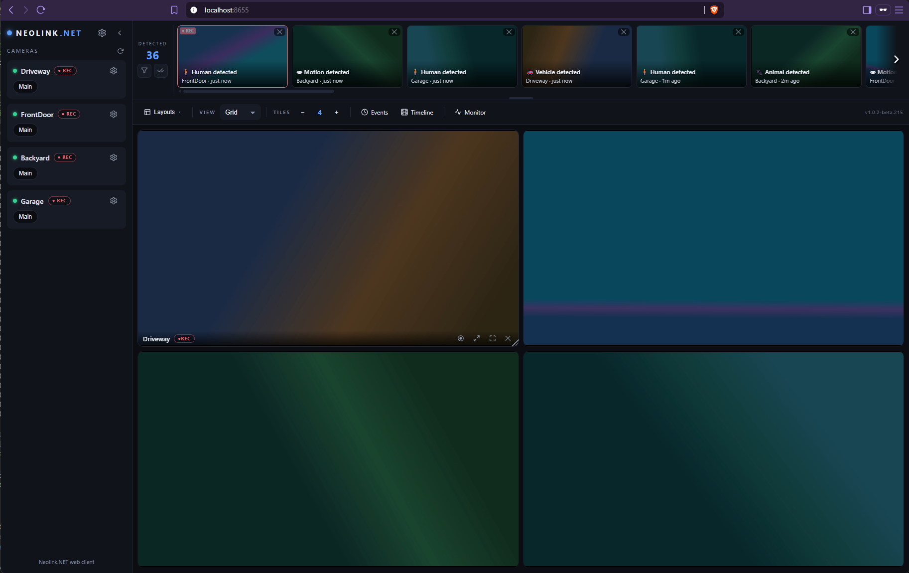 The Neolink.NET web UI: camera wall with resizable tiles and the live event review strip