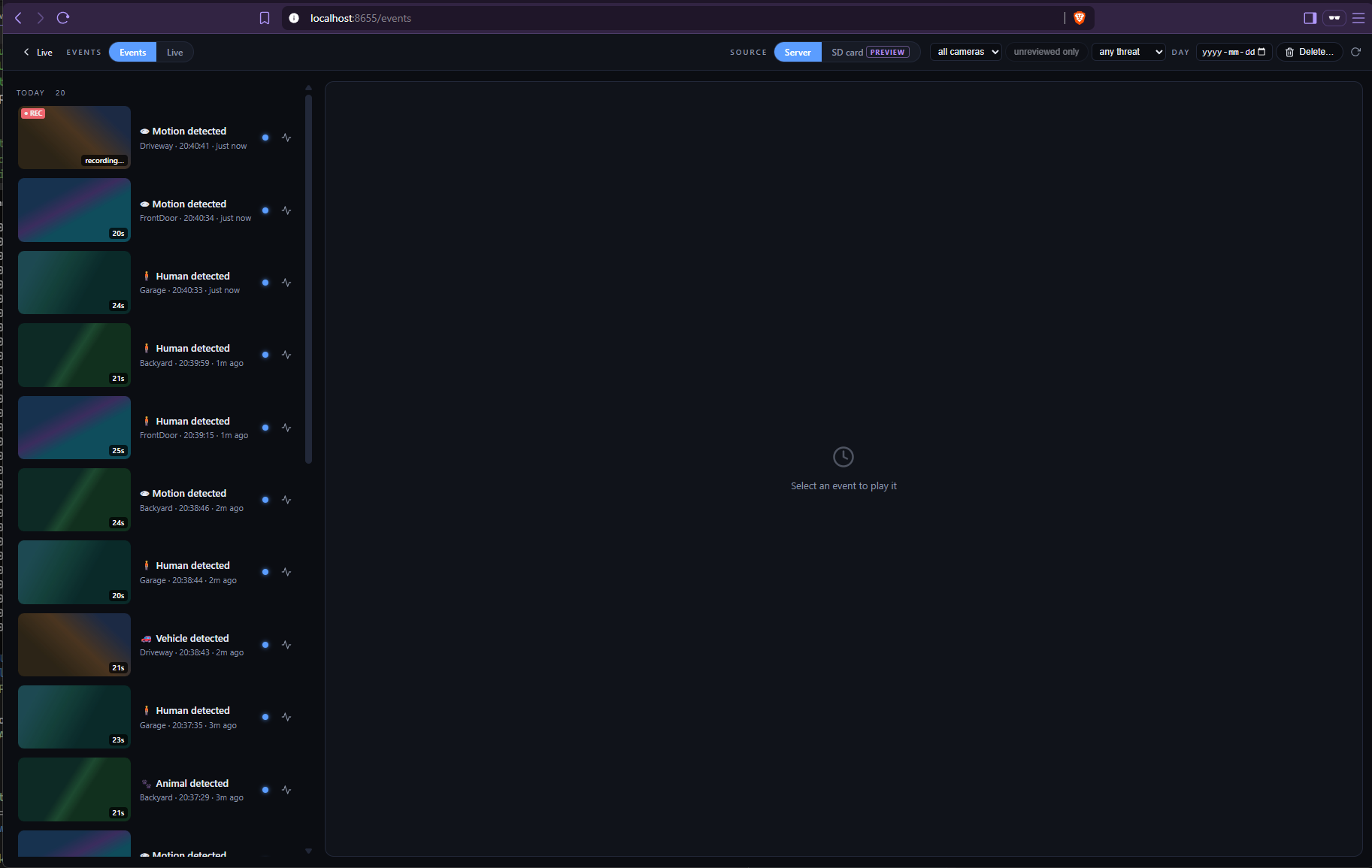 Events page: deep-linkable event review with per-camera and threat filters