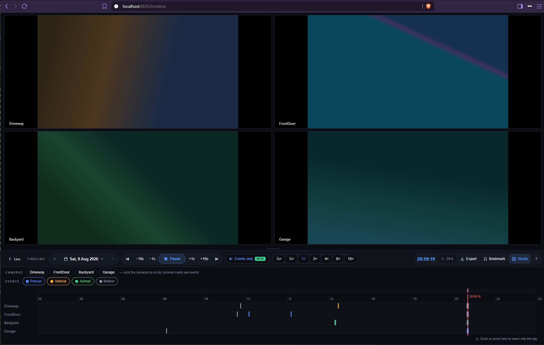 Timeline: synced multi-camera scrubbing with coverage bars, event marks, events-only playback and export