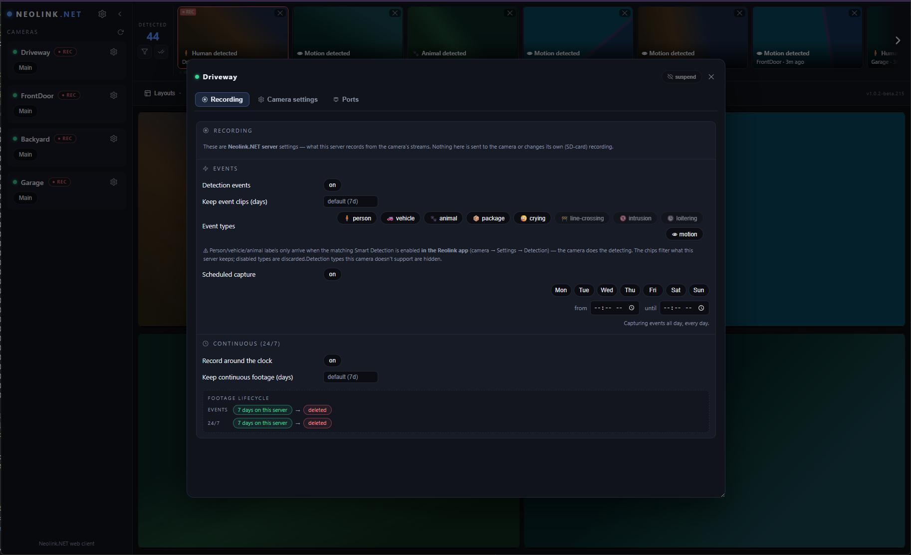 Per-camera recording: event types and retention, scheduled capture, 24/7 recording and the footage lifecycle strip