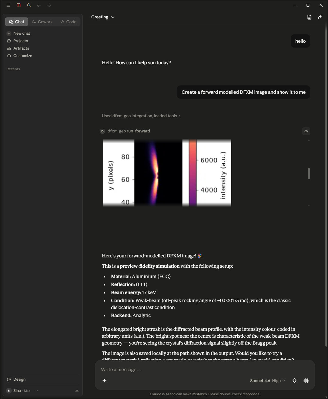 Claude Desktop rendering a DFXM image from a plain-English request
