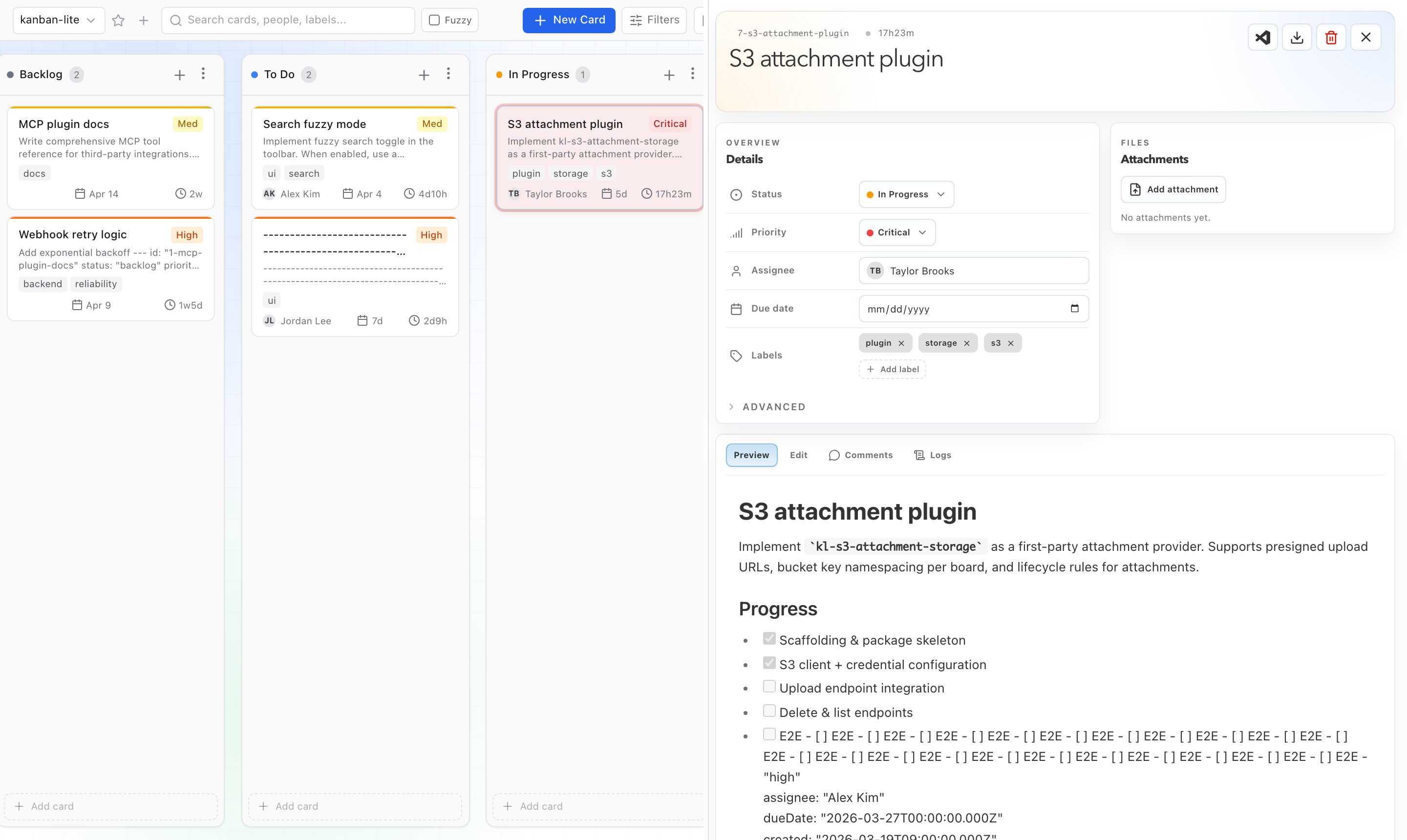 Card detail — markdown, comments, logs, and form tabs in one view