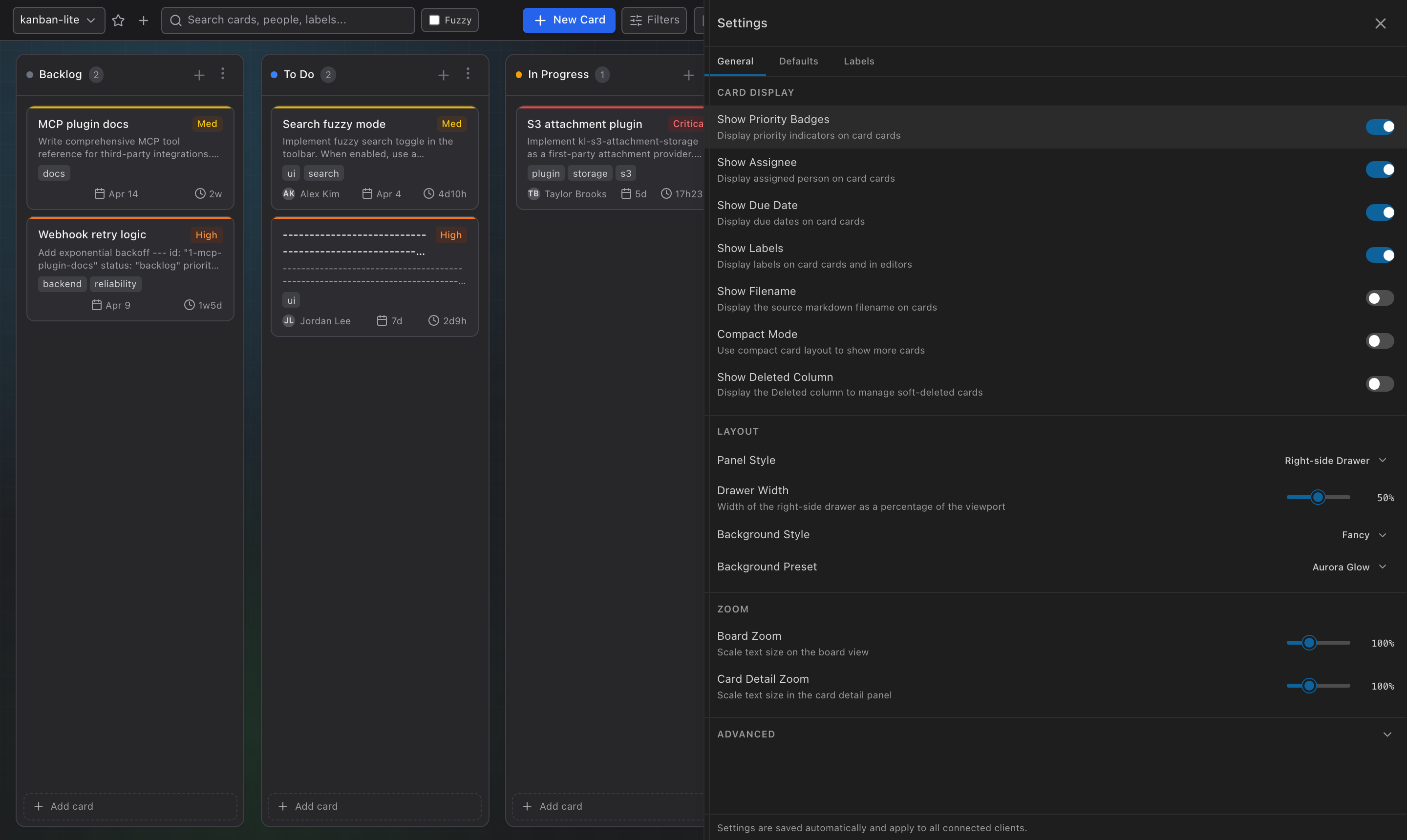 Settings panel — configure webhooks, columns, and board behavior