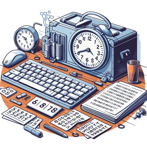 a desk with a six-digit combination lock on it, a clock, and pieces of papers with random ASCII strings on them