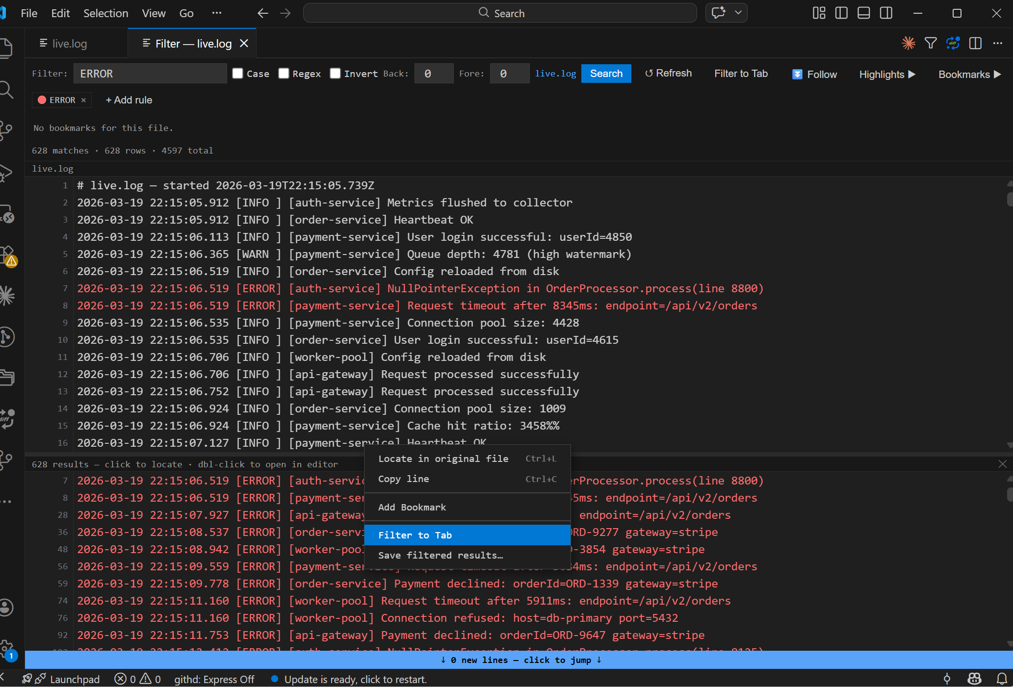 Right-click context menu on a result row
