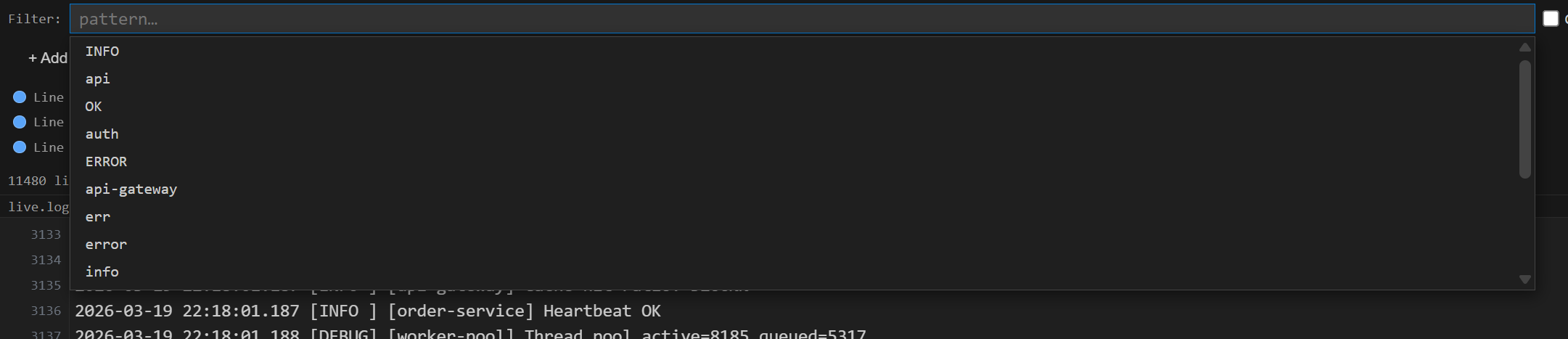 Filter history dropdown