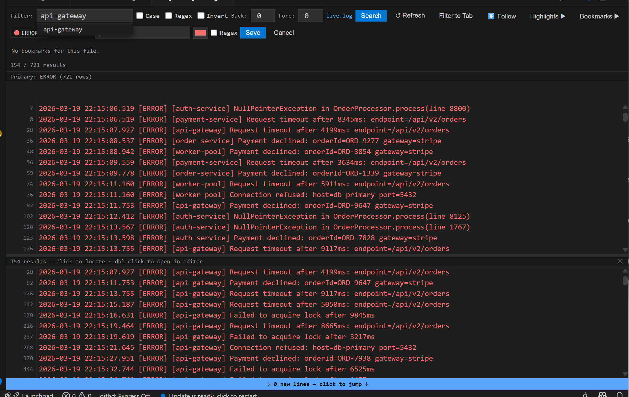 Secondary filter active in ERROR tab