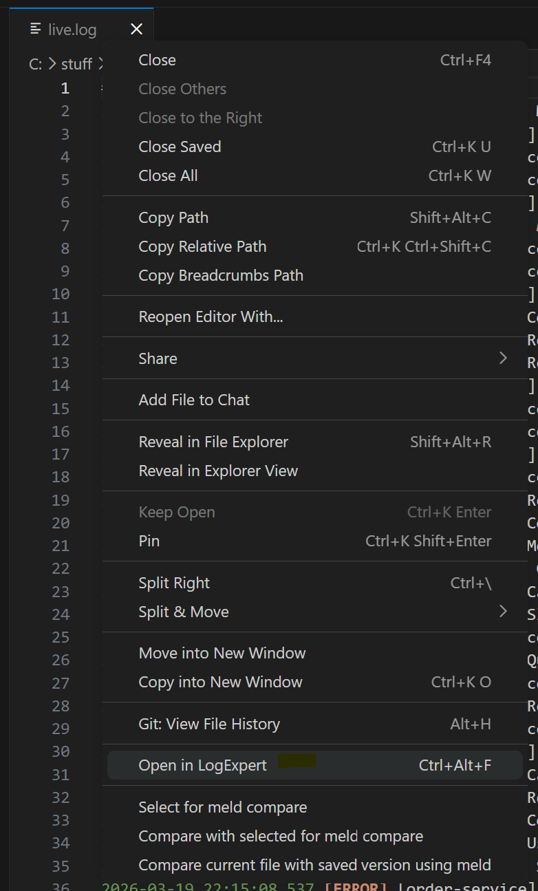 Right-click tab to open LogExpert