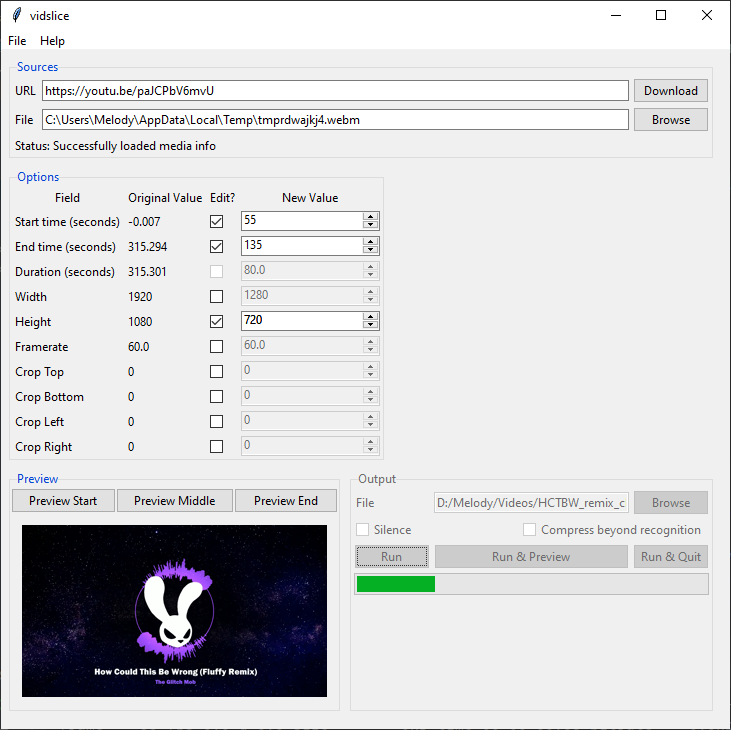 screenshot of vidslice demonstrating options