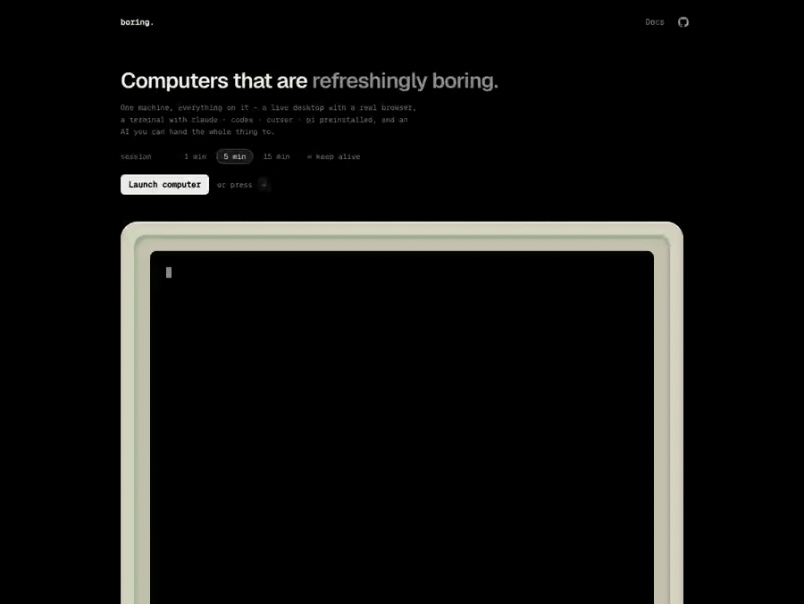 "build a snake game I can play" → a warm desktop boots in seconds, the AI writes and serves the game, and you play it at a live URL
