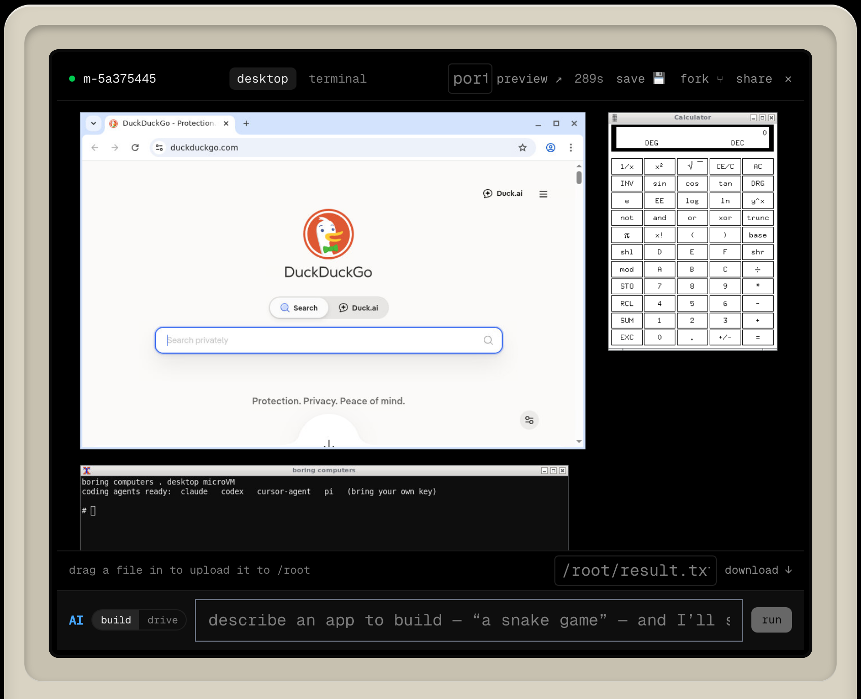 A Nehemiah machine: a live desktop with a browser and calculator, a terminal with claude/codex/cursor/pi preinstalled, and an AI build box