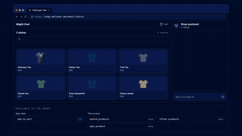 In a demo shop, the user asks by voice for a navy T-shirt, size M, under 50 euros. The agent built into the app searches, filters, opens the product, adds it to the cart and checks out with the tools the page declares, and the payment waits for the user's approval.