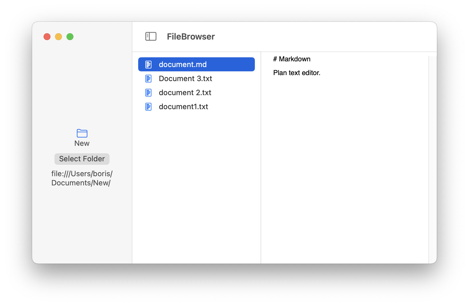 3 pane Mac application with select folder button list of files and text editor
