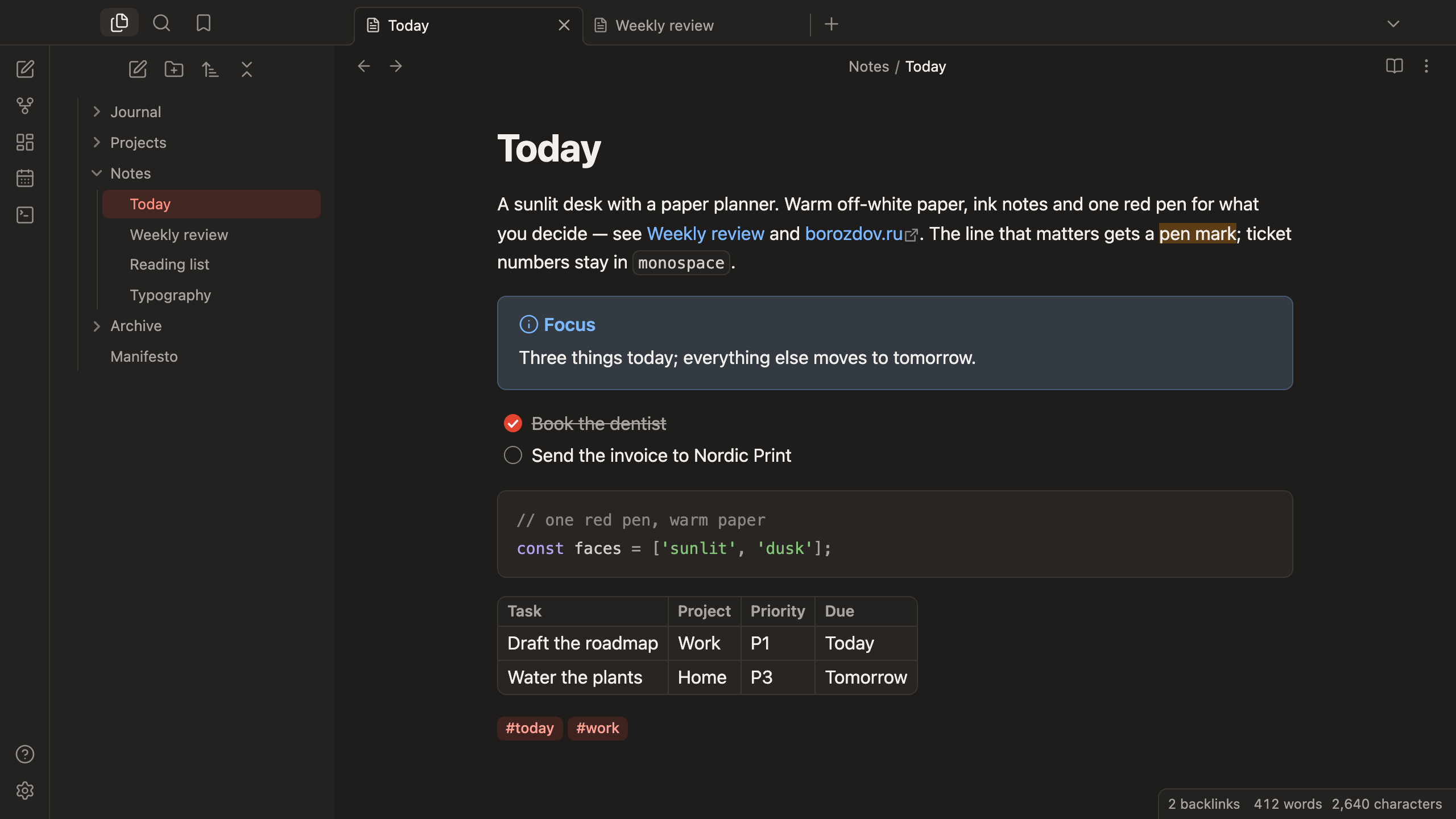 Borozdov Agenda in dark mode