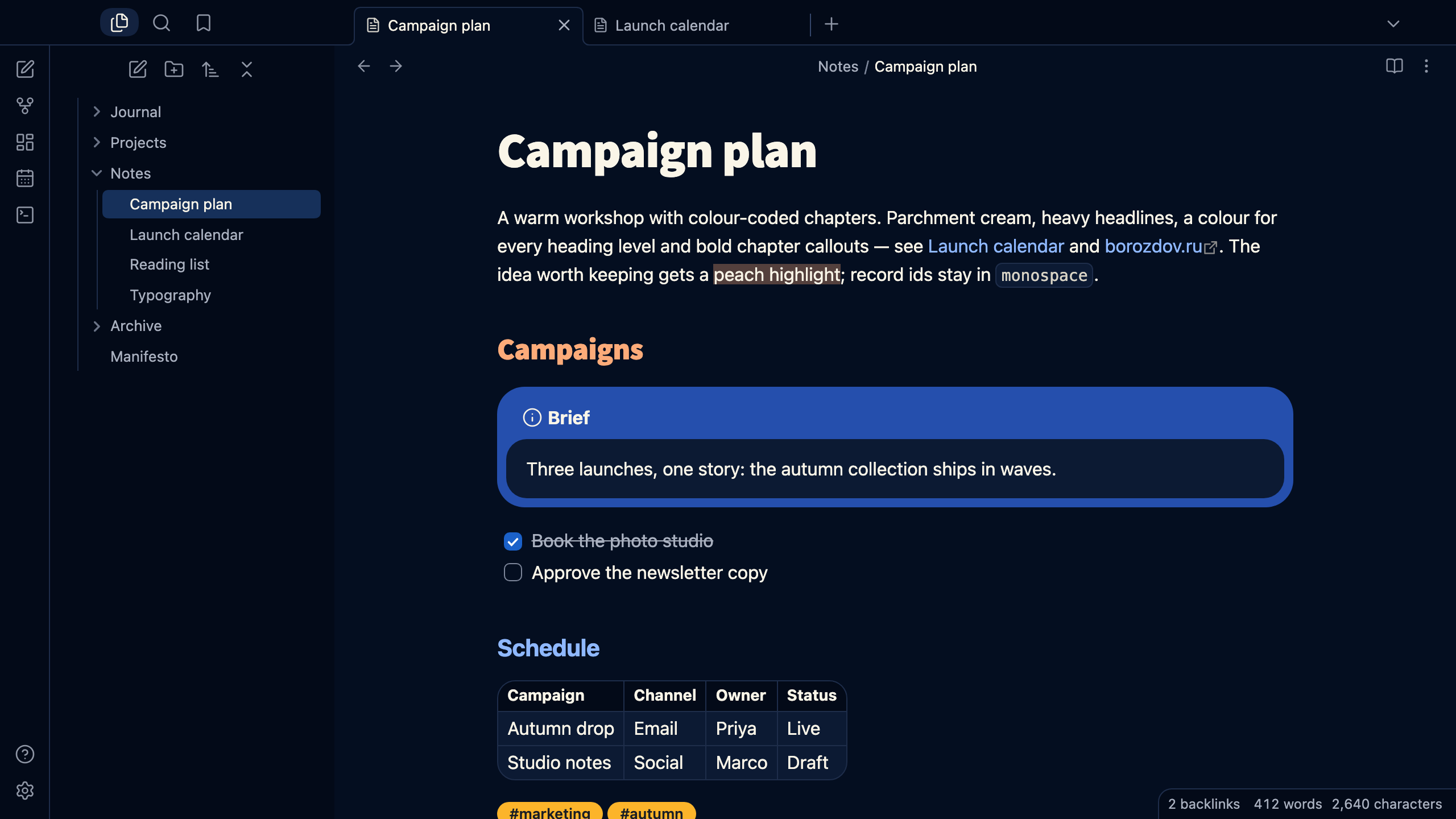 Borozdov Almanac in dark mode